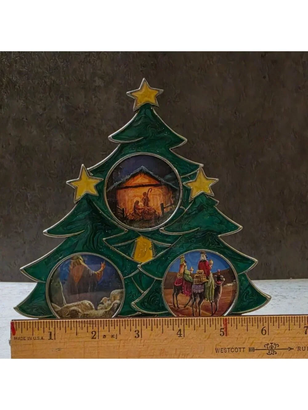 Vintage  Enamel Christmas Tree Nativity Triple Frame